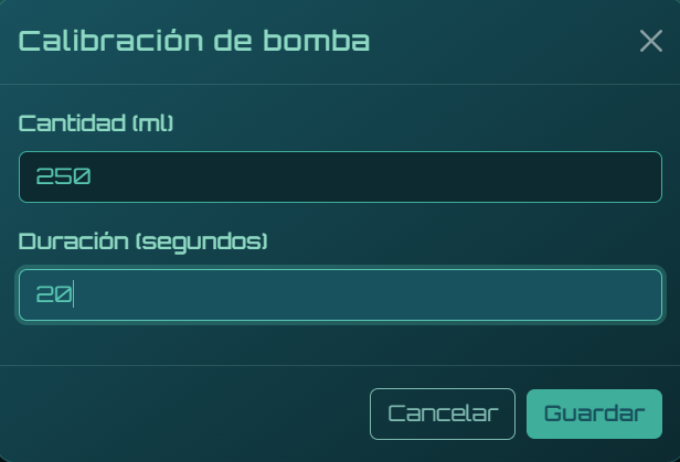 Pantalla de calibración de bomba