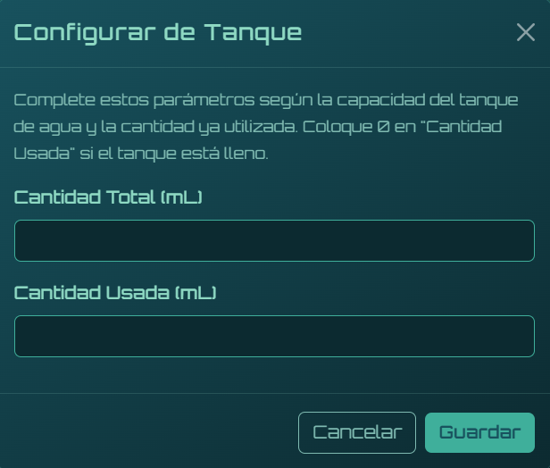 Pantalla de calibración de tanque